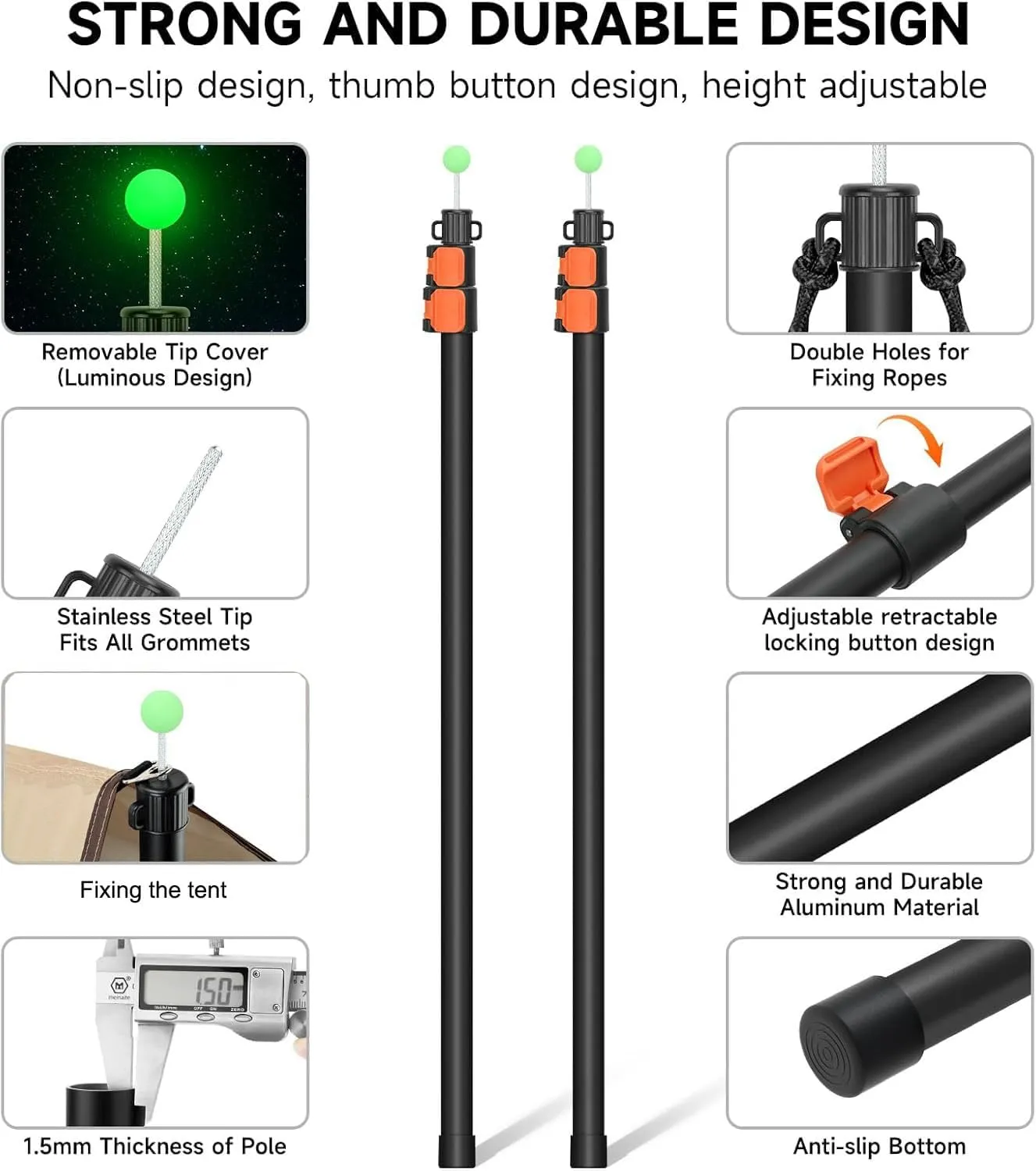 SANLIKE Tarp Poles Heavy Duty Telescoping 97" Adjustable Aviation Aluminum Canopy Rods Lengthen Thicken with Protection Cap Portable Poles for Tent Fly Awning Camping Hiking Set of 2