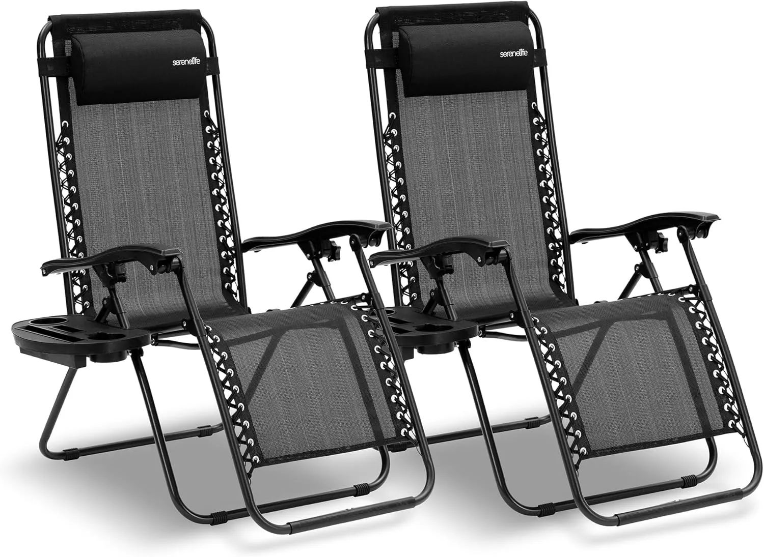 SereneLife Zero Gravity Chairs Set of 2 - Adjustable Outdoor Lounge Chairs with Side Tray, Cup Holders, Removable Pillows, Folding Portable Camping Chairs for Patio, Backyard, Poolside, Beach - Black