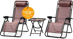 SereneLife Zero Gravity Chairs Set of 2 with Folding Side Table – Outdoor Recliners with Cup Holders & Pillows – Portable Patio Chairs Set of 2 for Camping, Poolside & Backyard Relaxation