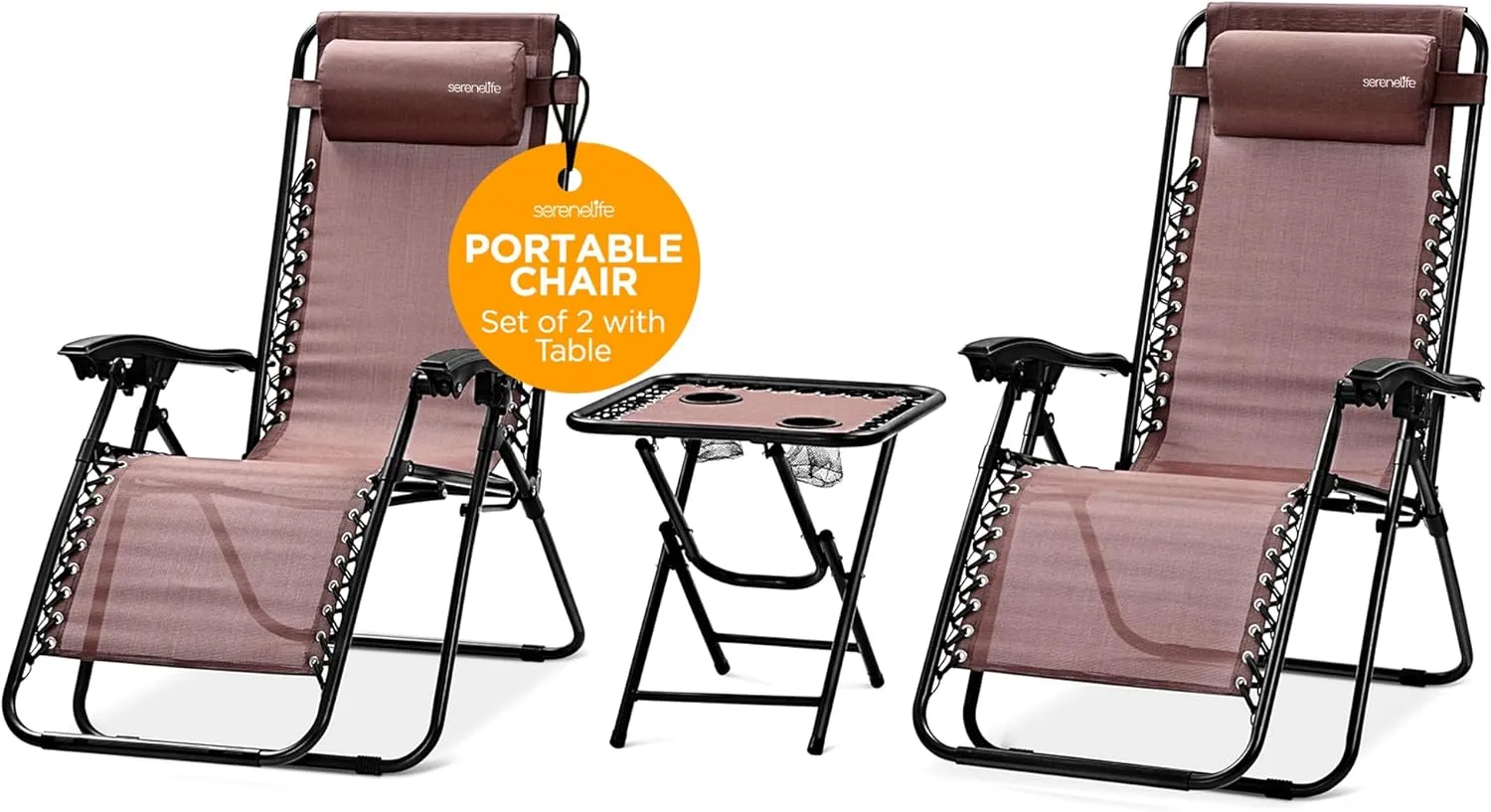 SereneLife Zero Gravity Chairs Set of 2 with Folding Side Table – Outdoor Recliners with Cup Holders & Pillows – Portable Patio Chairs Set of 2 for Camping, Poolside & Backyard Relaxation