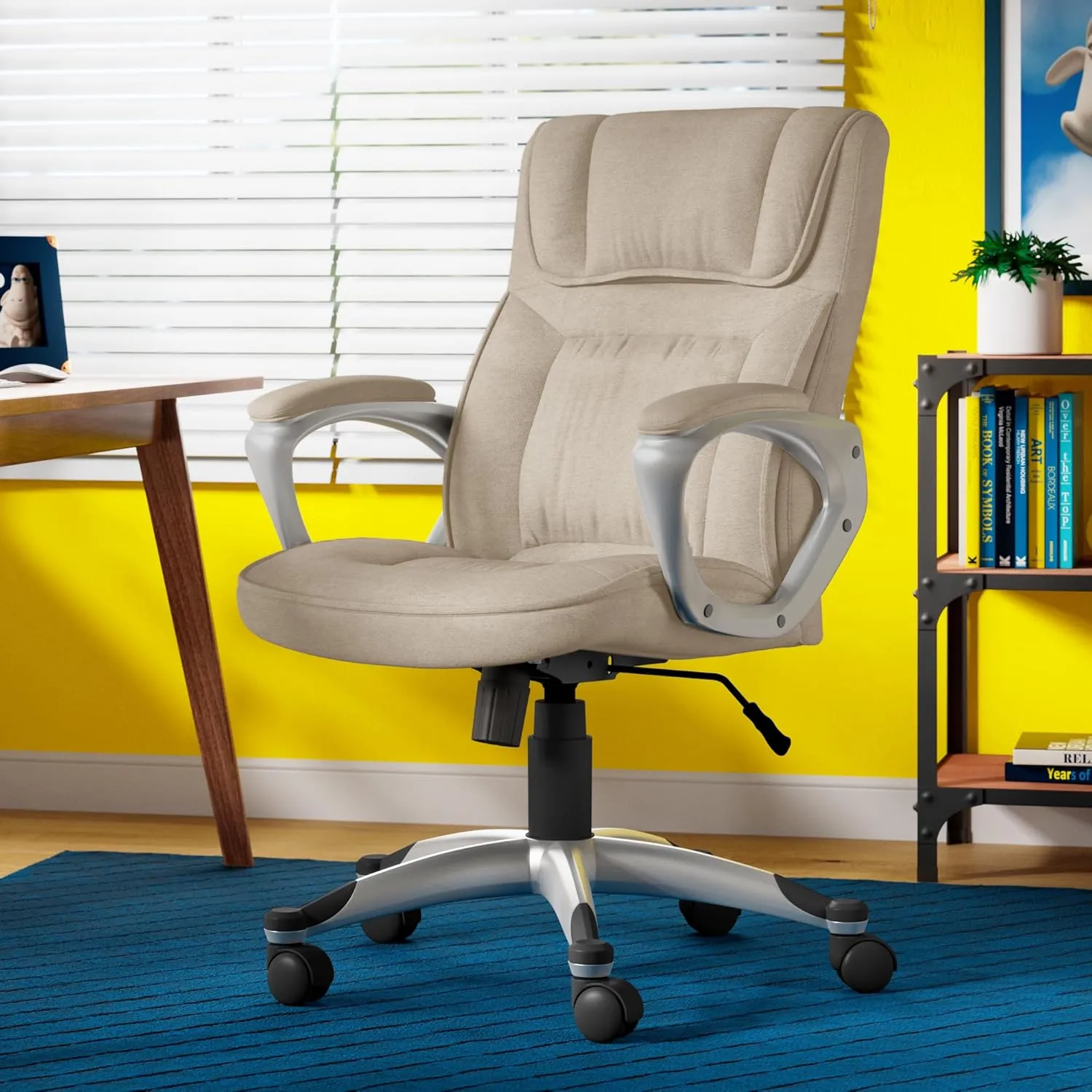 Serta Hannah Executive Home Office Desk Chair, Ergonomic Mid-Back with Lumbar Support, Firm Seat Cushion, Layered Body Pillows, Padded Armrests, Swivel Base, Easy Assembly, Microfiber, Tan