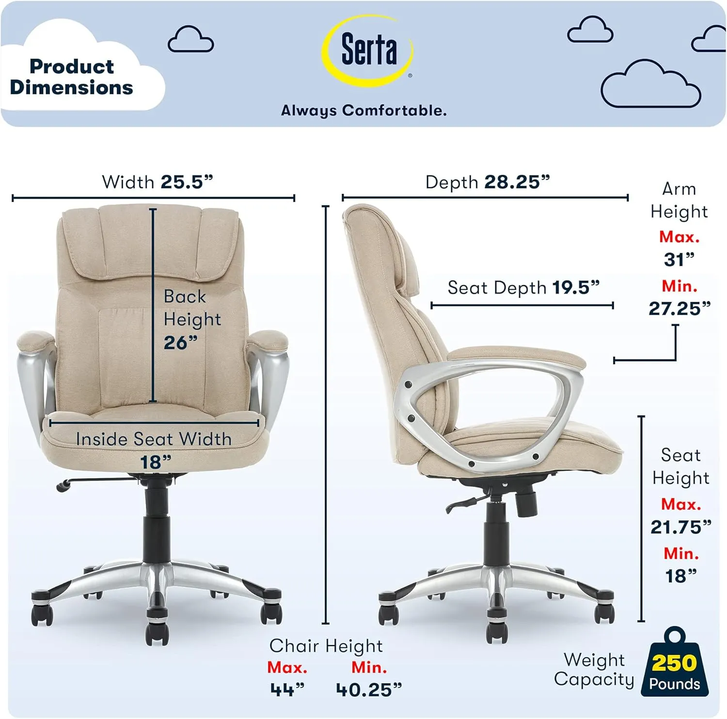 Serta Hannah Executive Home Office Desk Chair, Ergonomic Mid-Back with Lumbar Support, Firm Seat Cushion, Layered Body Pillows, Padded Armrests, Swivel Base, Easy Assembly, Microfiber, Tan