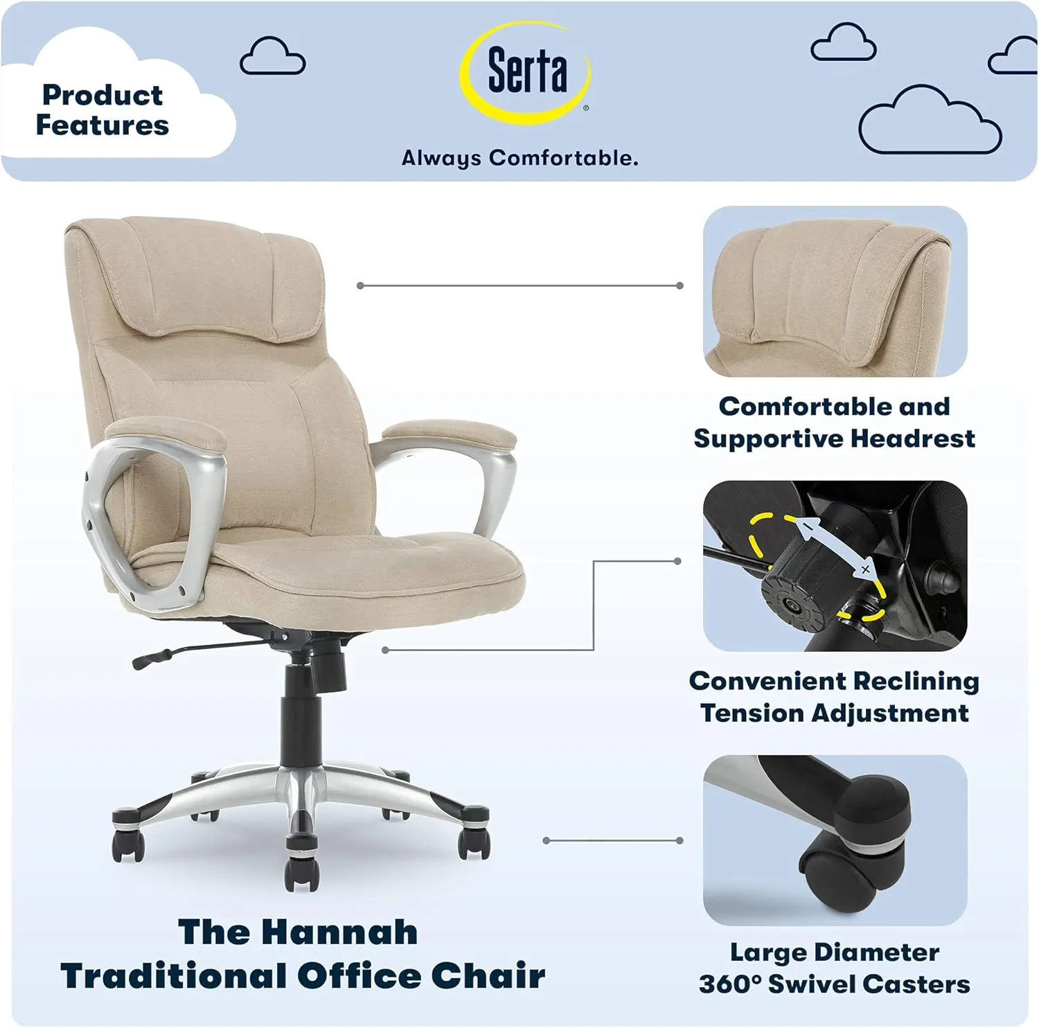 Serta Hannah Executive Home Office Desk Chair, Ergonomic Mid-Back with Lumbar Support, Firm Seat Cushion, Layered Body Pillows, Padded Armrests, Swivel Base, Easy Assembly, Microfiber, Tan