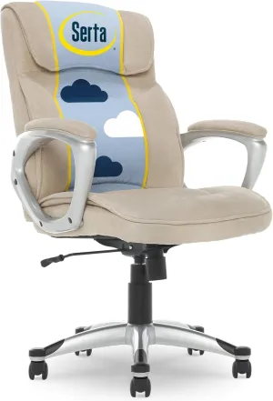 Serta Hannah Executive Home Office Desk Chair, Ergonomic Mid-Back with Lumbar Support, Firm Seat Cushion, Layered Body Pillows, Padded Armrests, Swivel Base, Easy Assembly, Microfiber, Tan