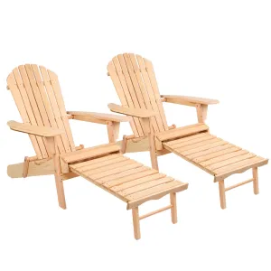 Set of 2 Adirondack Foldable Outdoor Armchairs with Leg Rest - Natural