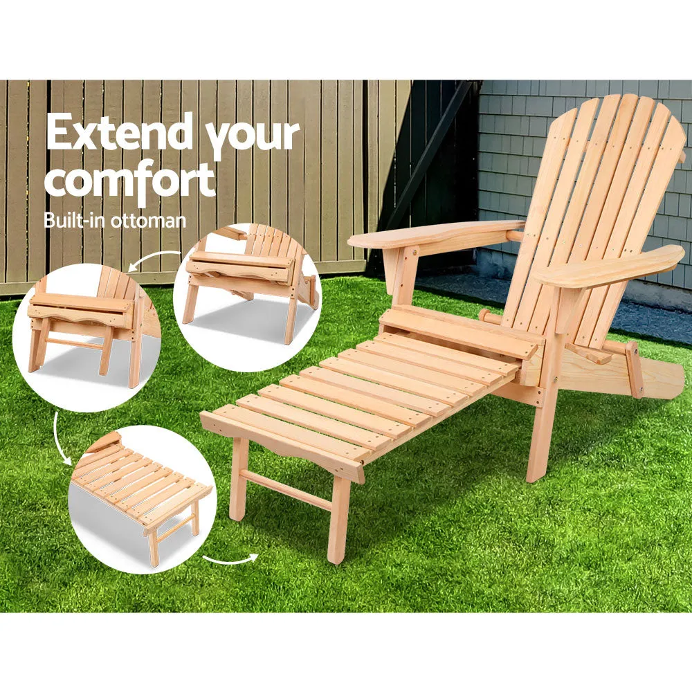 Set of 2 Adirondack Foldable Outdoor Armchairs with Leg Rest - Natural