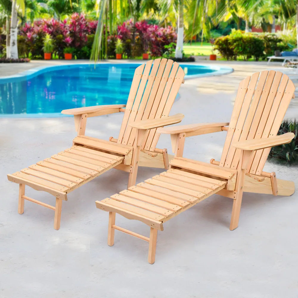 Set of 2 Adirondack Foldable Outdoor Armchairs with Leg Rest - Natural
