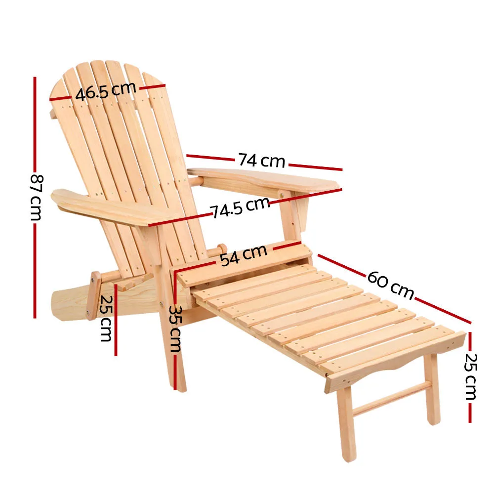 Set of 2 Adirondack Foldable Outdoor Armchairs with Leg Rest - Natural