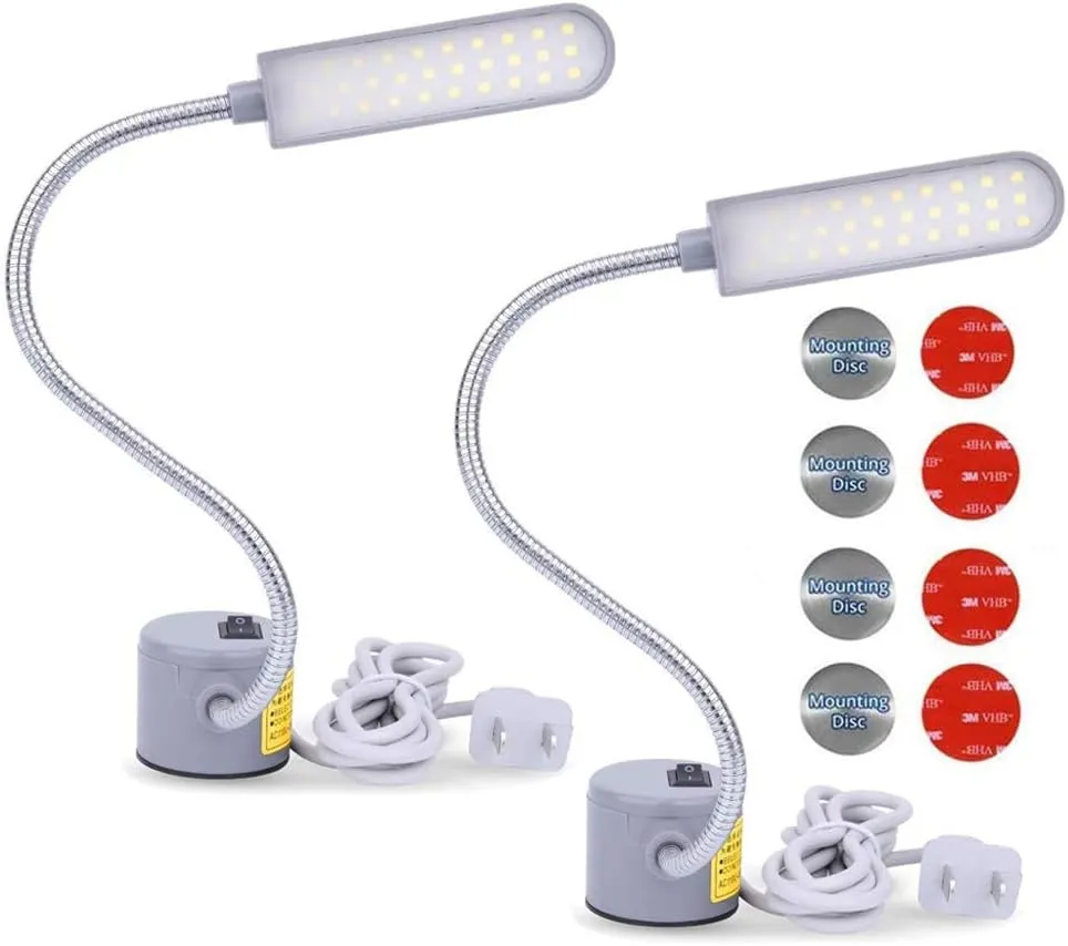 Sewing Machine Light LED Lighting (30LEDs) 6 Watt Multifunctional Flexible Gooseneck Arm Work Lamp with Magnetic Mounting Base for Workbench Lathe Drill Press 2 Pack Silver