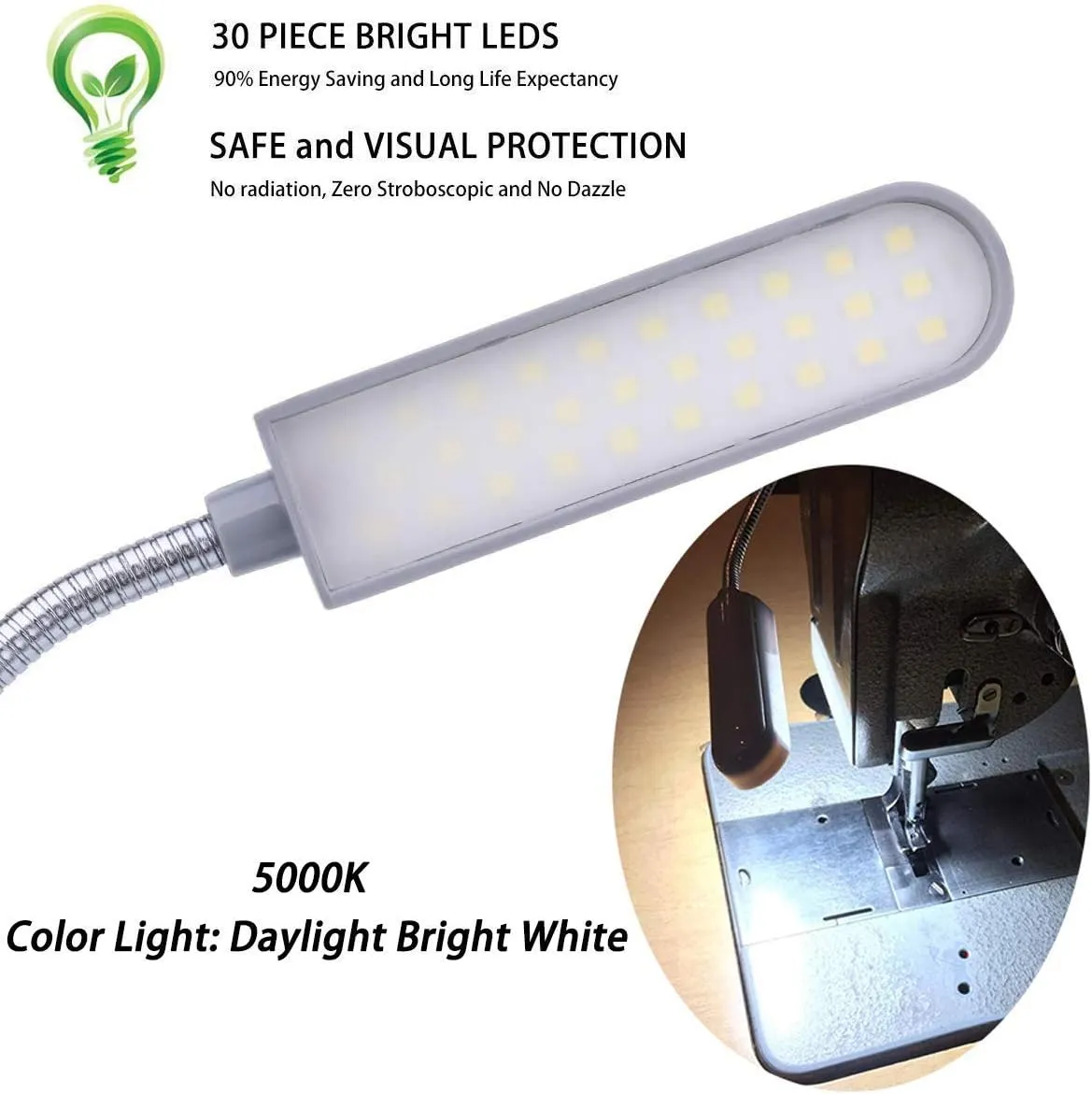 Sewing Machine Light LED Lighting (30LEDs) 6 Watt Multifunctional Flexible Gooseneck Arm Work Lamp with Magnetic Mounting Base for Workbench Lathe Drill Press 2 Pack Silver
