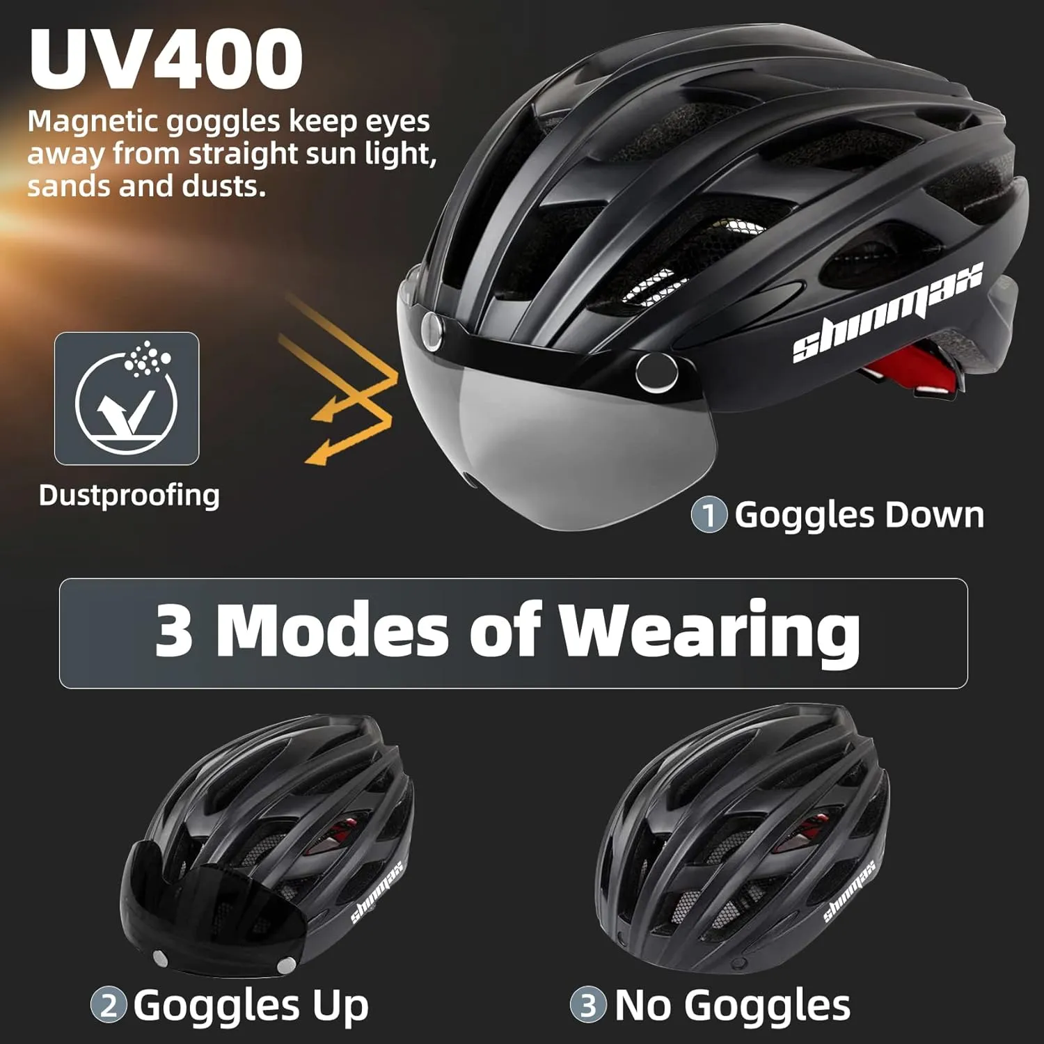 Shinmax Bike Helmet, CPSC/CPC Bike Helmet for Adult Men Women with Magnetic Goggles&Led Back Light Cycling Helmet Adjustable SM-T69