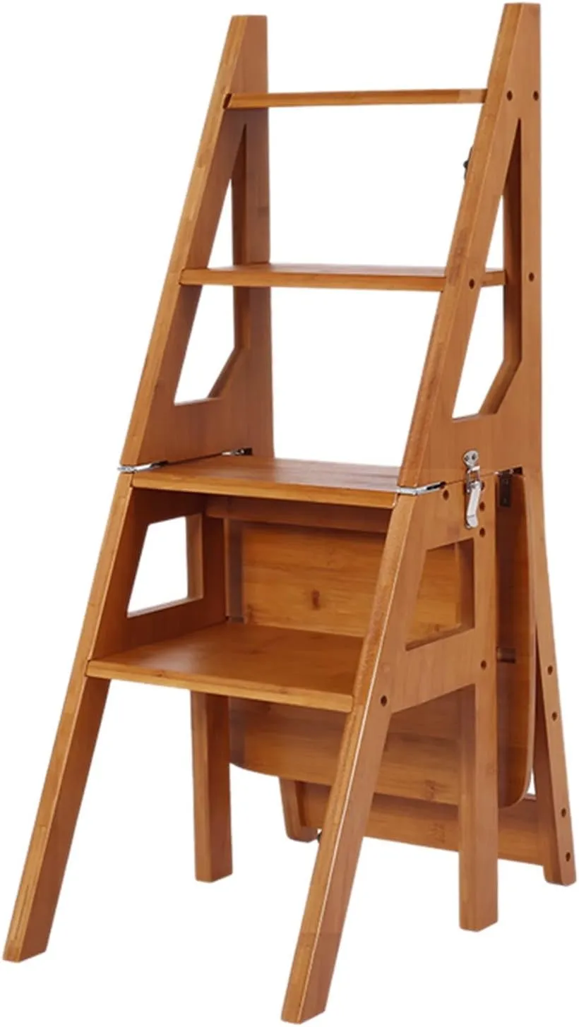 SHU Household Foldable Solid Wood Climbing Ladder Thickened Dual-use Ladder Chair Portable Stair Chair 4-Step Ladder (Color : Light Walnut Color)