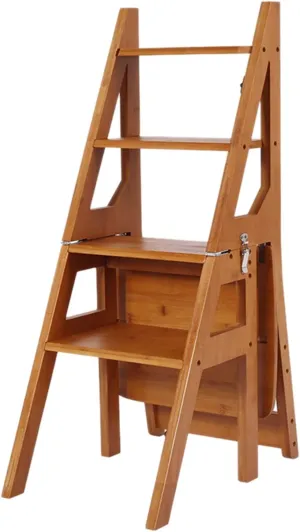 SHU Household Foldable Solid Wood Climbing Ladder Thickened Dual-use Ladder Chair Portable Stair Chair 4-Step Ladder (Color : Light Walnut Color)