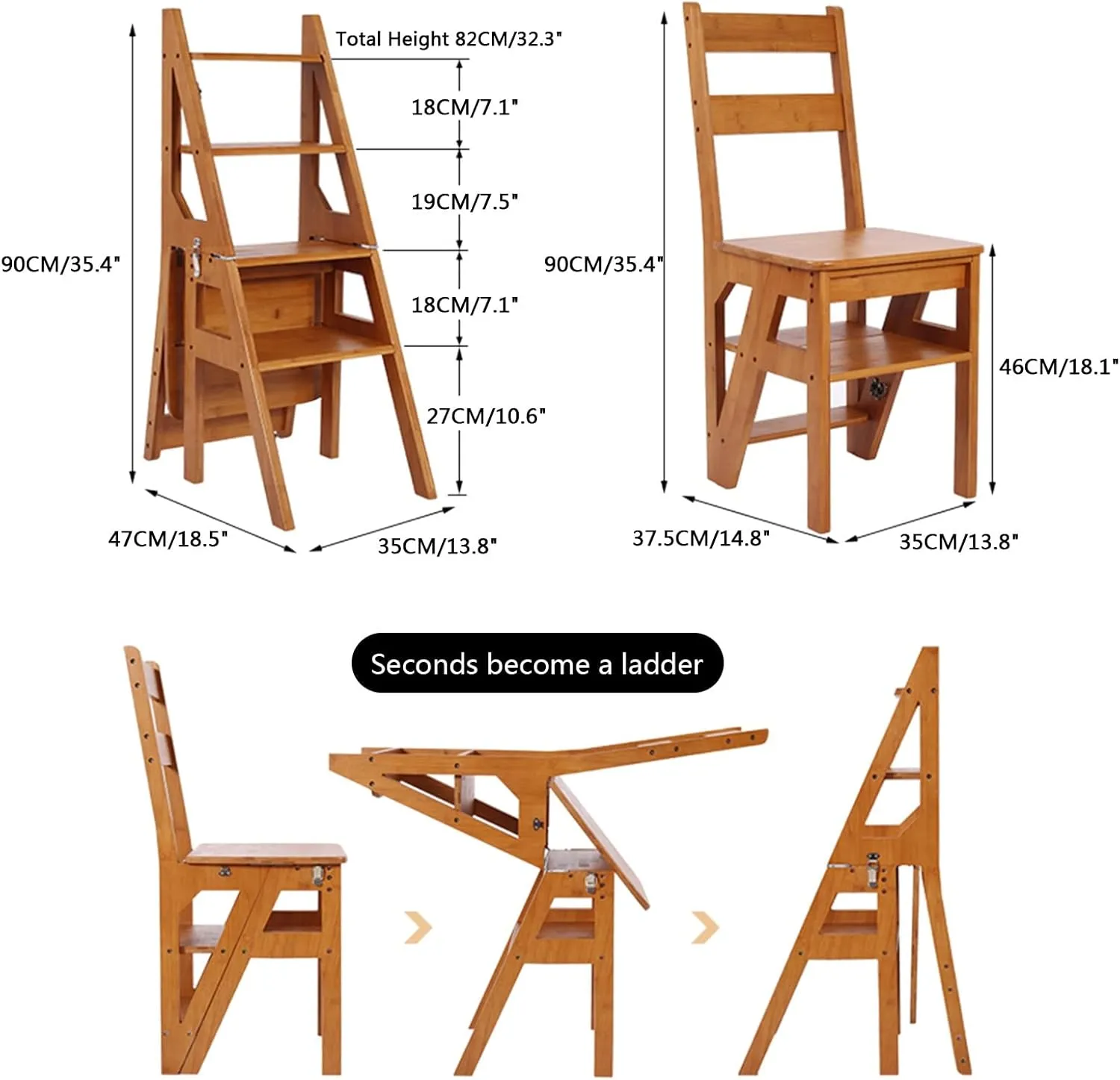 SHU Household Foldable Solid Wood Climbing Ladder Thickened Dual-use Ladder Chair Portable Stair Chair 4-Step Ladder (Color : Light Walnut Color)
