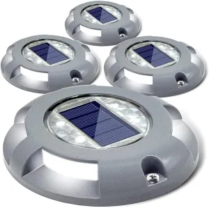 SIEDiNLAR Solar Deck Lights Driveway Dock LED Light Solar Powered Outdoor Waterproof Road Markers for Step Sidewalk Stair Garden Ground Pathway Yard 4 Pack (White)