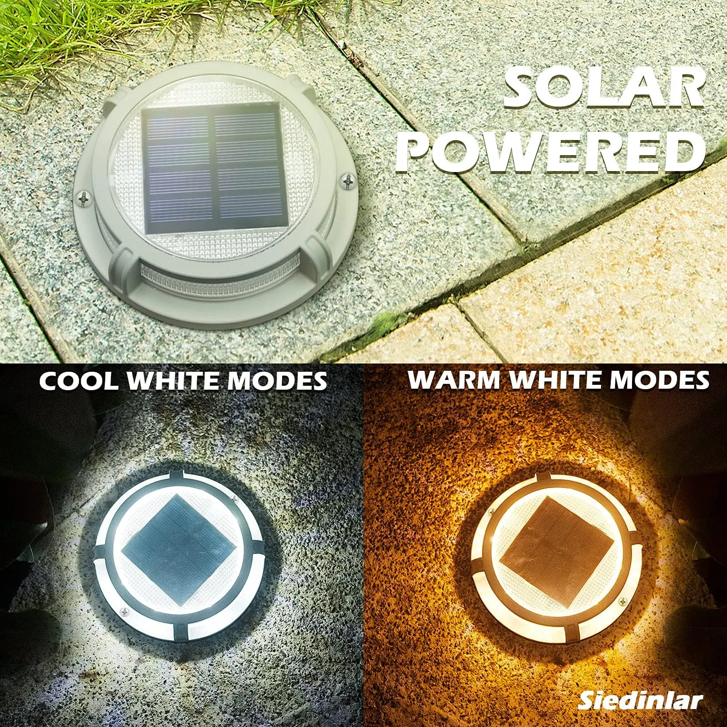 SIEDiNLAR Solar Deck Lights Outdoor 2 Modes 16 LEDs Dock Light Driveway Markers Solar Powered Waterproof for Ground Step Pathway Walkway Stair Garden Road Yard 12 Pack (Cool White/Warm White)