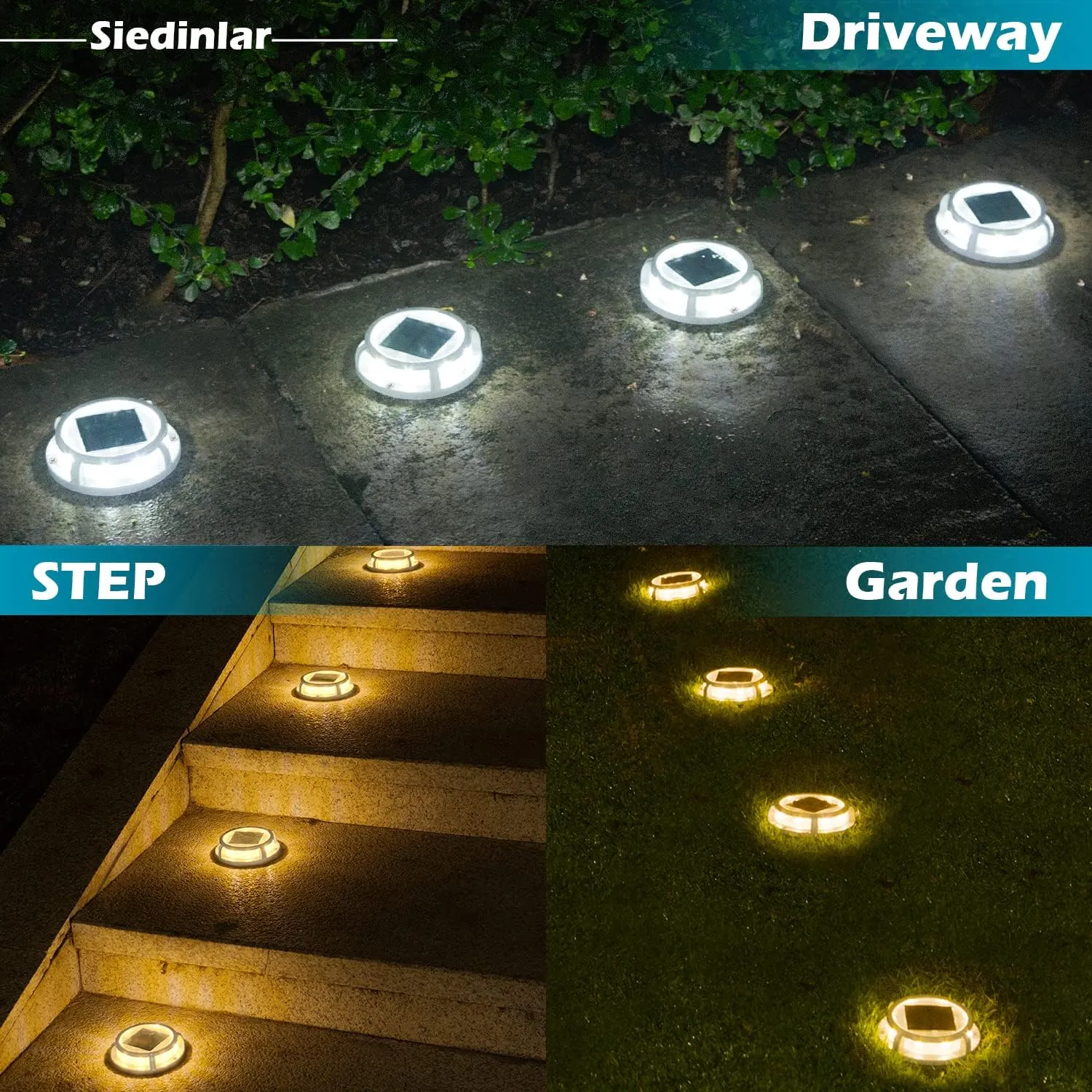 SIEDiNLAR Solar Deck Lights Outdoor 2 Modes 16 LEDs Dock Light Driveway Markers Solar Powered Waterproof for Ground Step Pathway Walkway Stair Garden Road Yard 12 Pack (Cool White/Warm White)