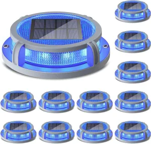 SIEDiNLAR Solar Deck Lights Outdoor 2 Modes 16 LEDs Dock Light Driveway Markers Solar Powered Waterproof for Ground Step Stair Pathway Walkway Garden Yard Road 12 Pack (Blue/Red)