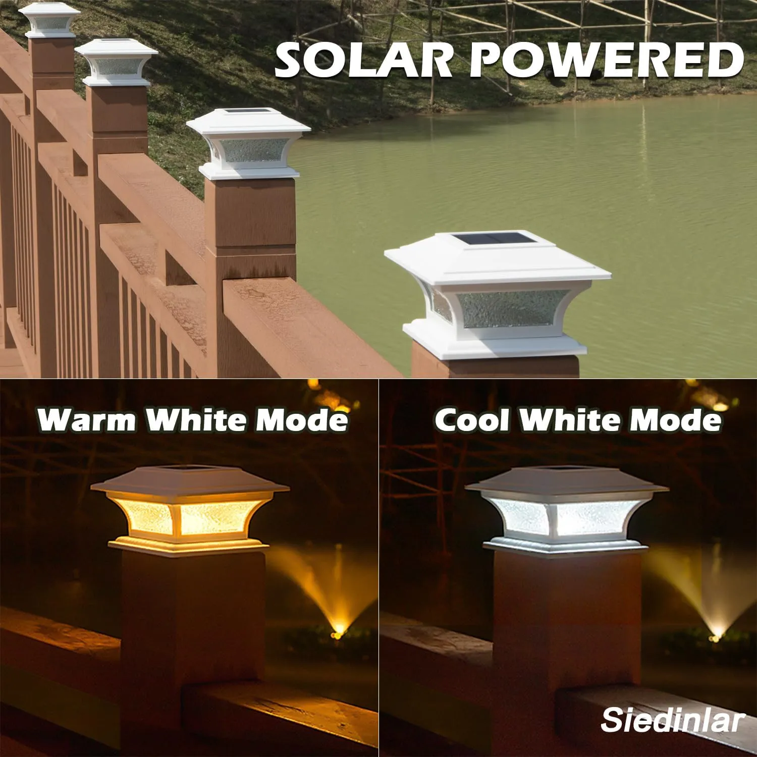 SIEDiNLAR Solar Post Lights Outdoor Glass LED Fence Cap Light 2 Modes for 4x4 5x5 6x6 Posts Patio Deck Garden Decoration Warm White/Cool White Lighting White (2 Pack)