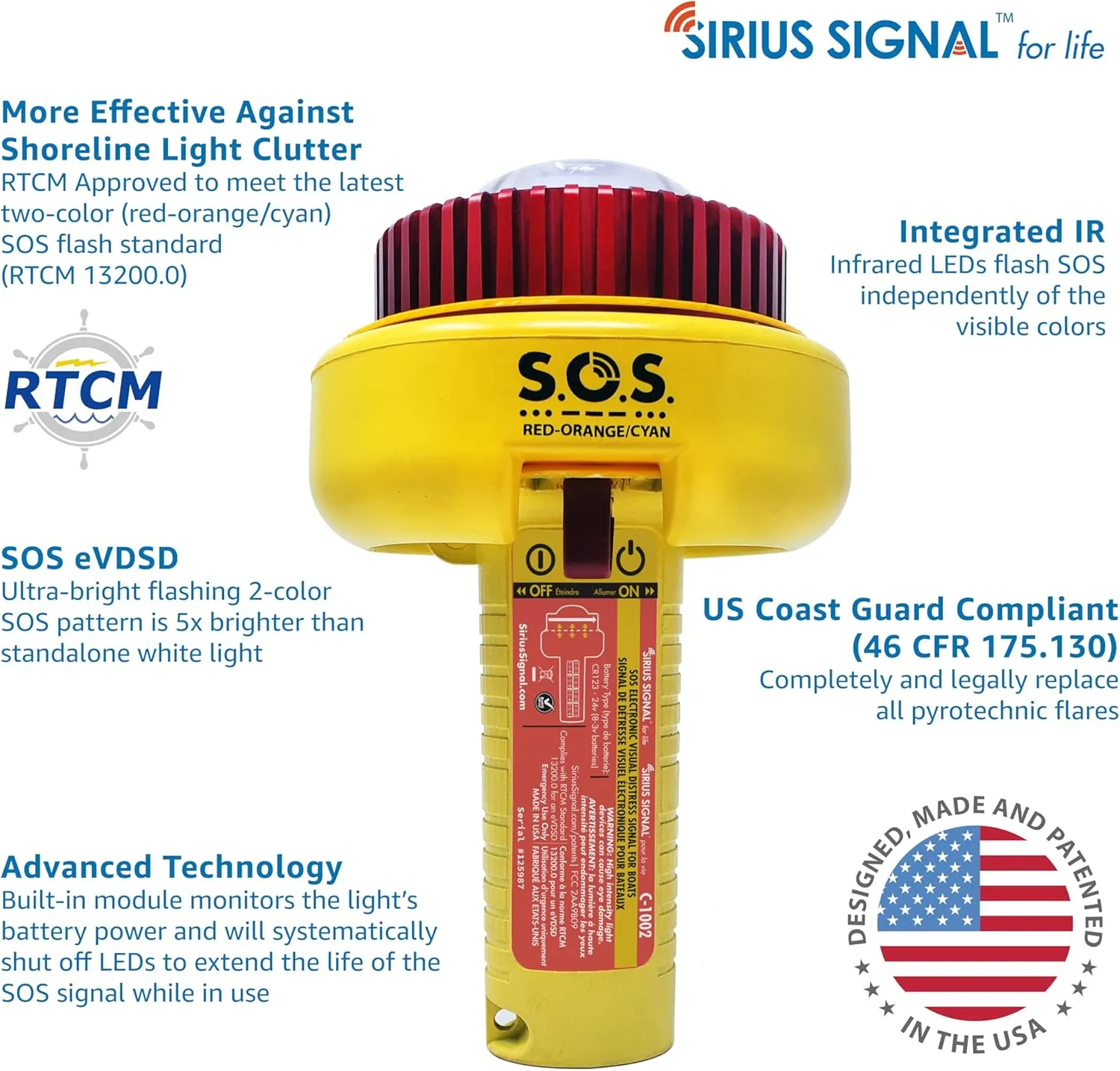 Sirius Signal C-1002 SOS LED Distress Signal - Two-Color & Infrared, USCG Approved, Includes Display Mount, Daytime Flag & Whistle