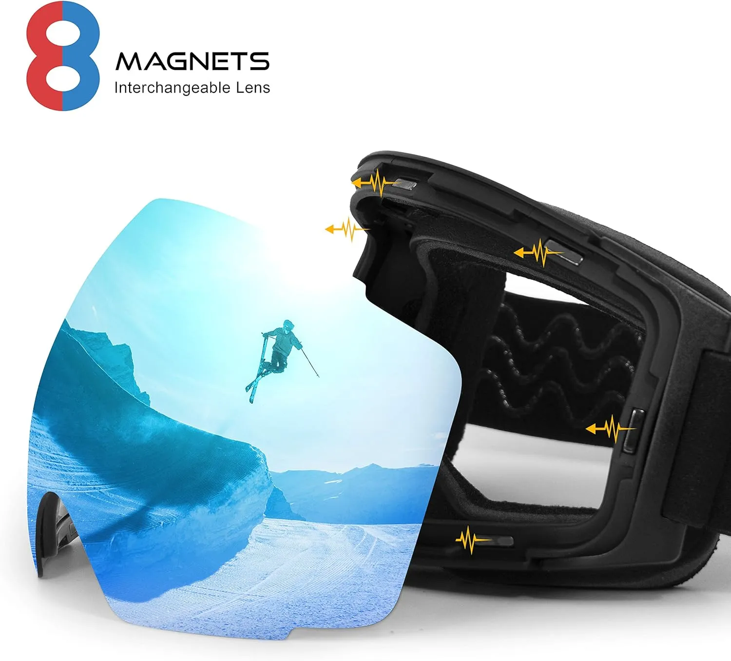Ski Goggles PRO - Frameless, Interchangeable Lens 100% UV400 Protection Snow Goggles for Men & Women OTG