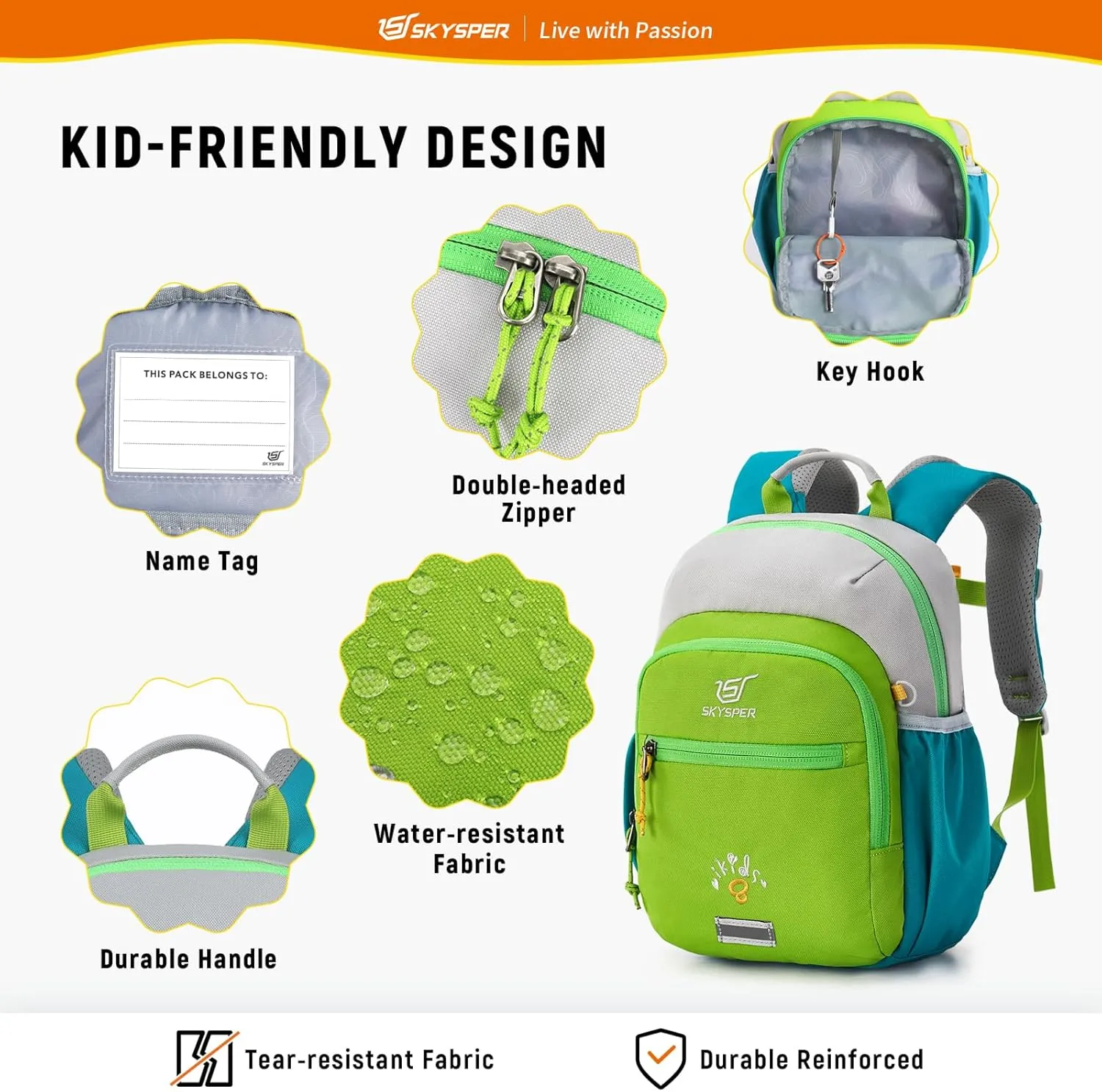 SKYSPER Toddler Backpack for Boys Girls Kids Travel Backpack Preschool Kindergarten Travel Daypack(Green)
