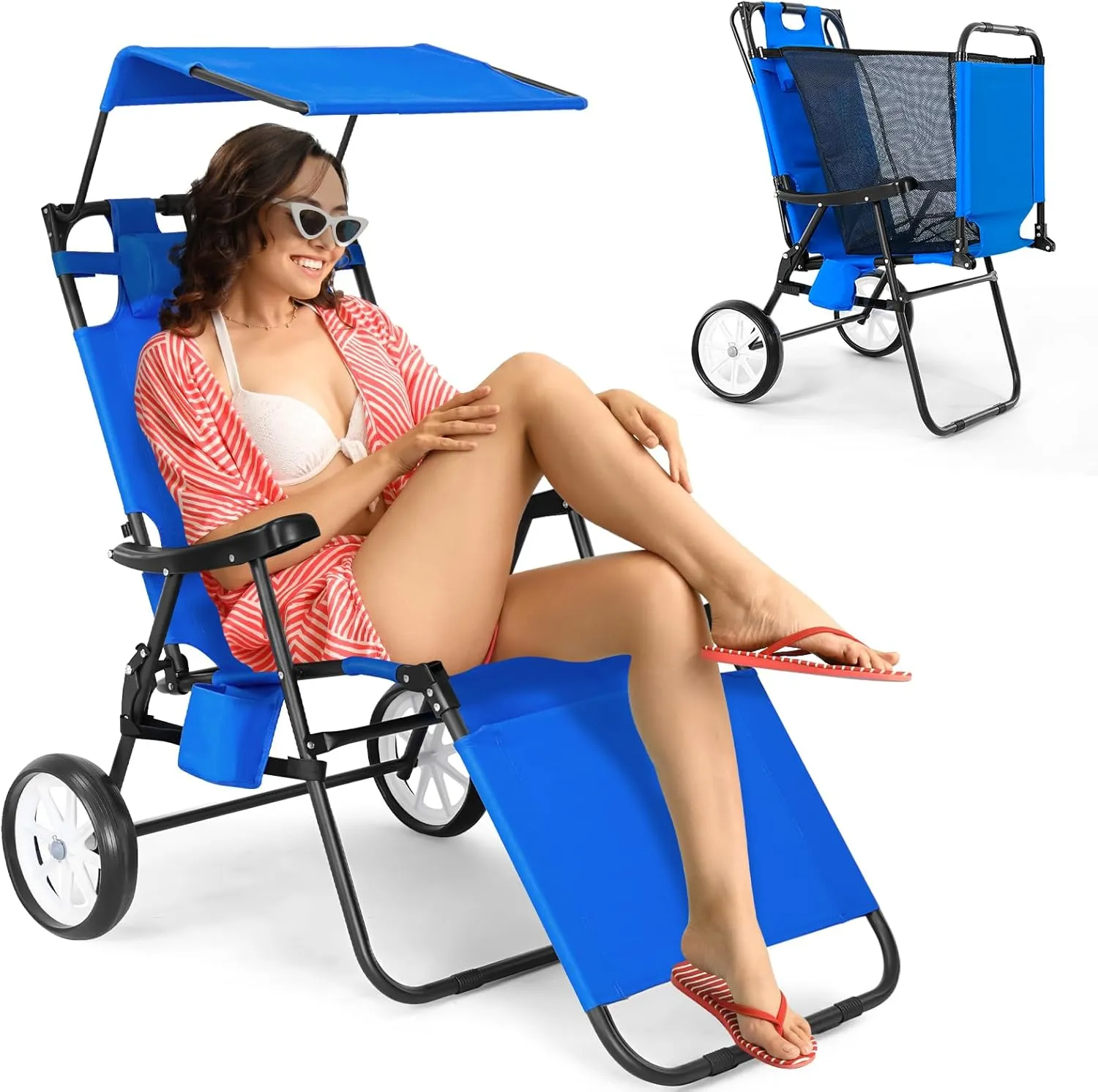 Slsy Beach Cart Chairs with Wheels, 2 in 1 Heavy Duty Beach Chair with Canopy Shade, Folding Lounge Chair with Integrated Wagon Pull Cart Combination, Perfect for Backyard, Pool or Picnic