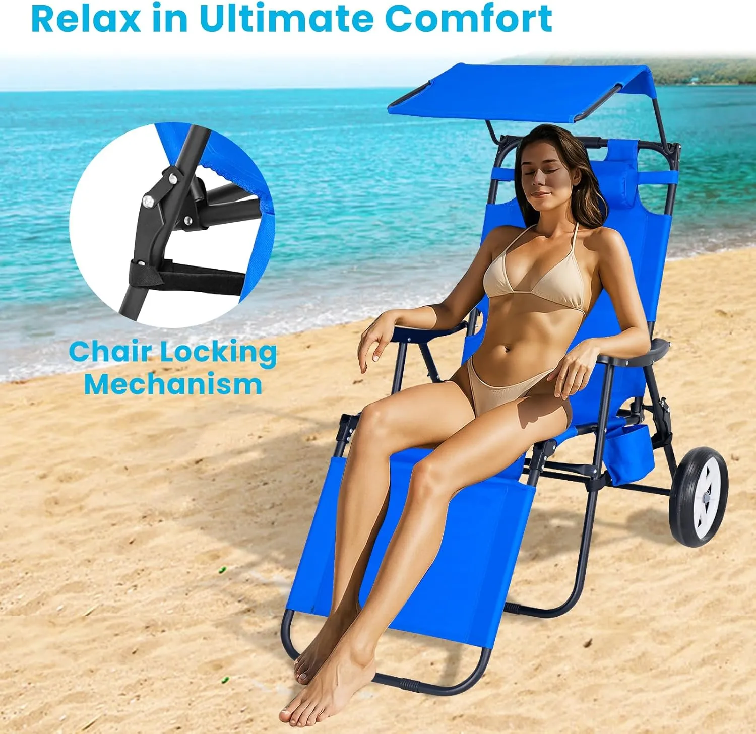 Slsy Beach Cart Chairs with Wheels, 2 in 1 Heavy Duty Beach Chair with Canopy Shade, Folding Lounge Chair with Integrated Wagon Pull Cart Combination, Perfect for Backyard, Pool or Picnic