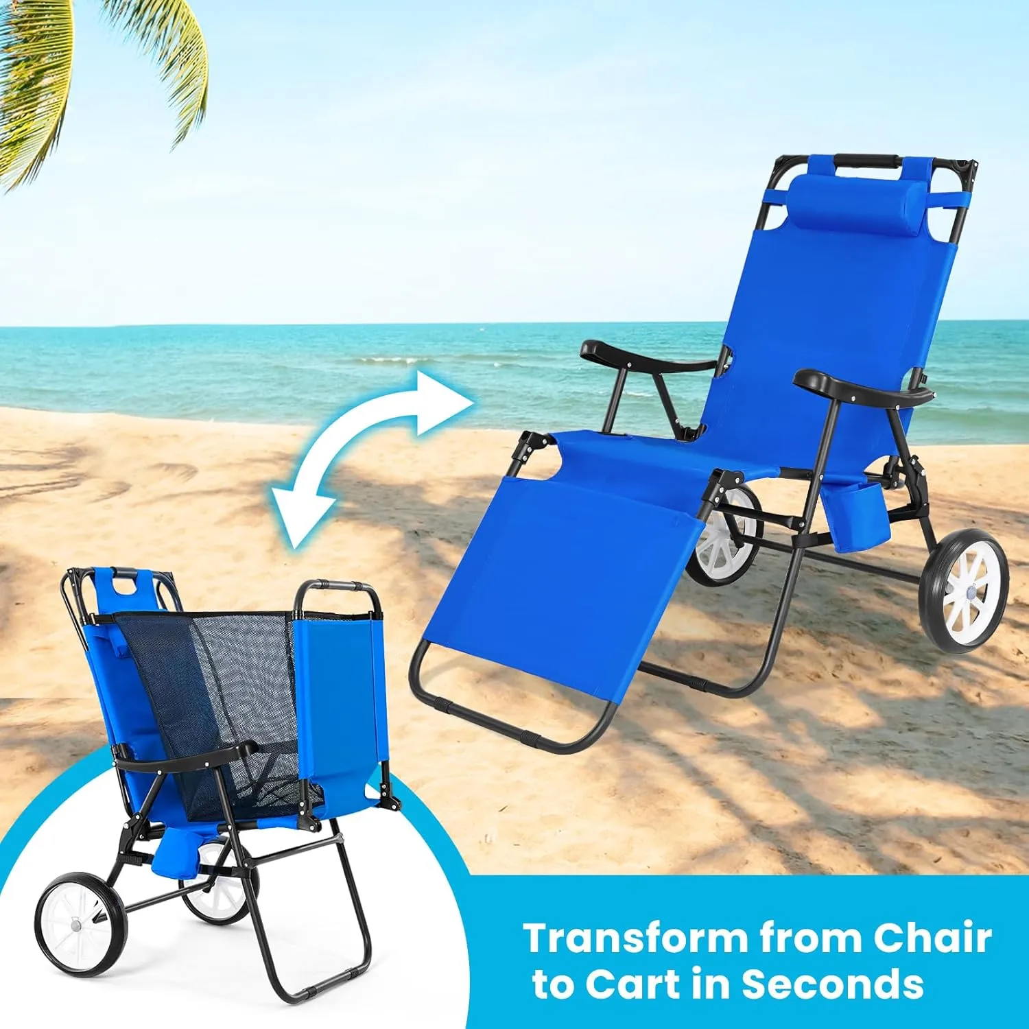 Slsy Beach Cart Chairs with Wheels, 2 in 1 Heavy Duty Beach Chair with Canopy Shade, Folding Lounge Chair with Integrated Wagon Pull Cart Combination, Perfect for Backyard, Pool or Picnic