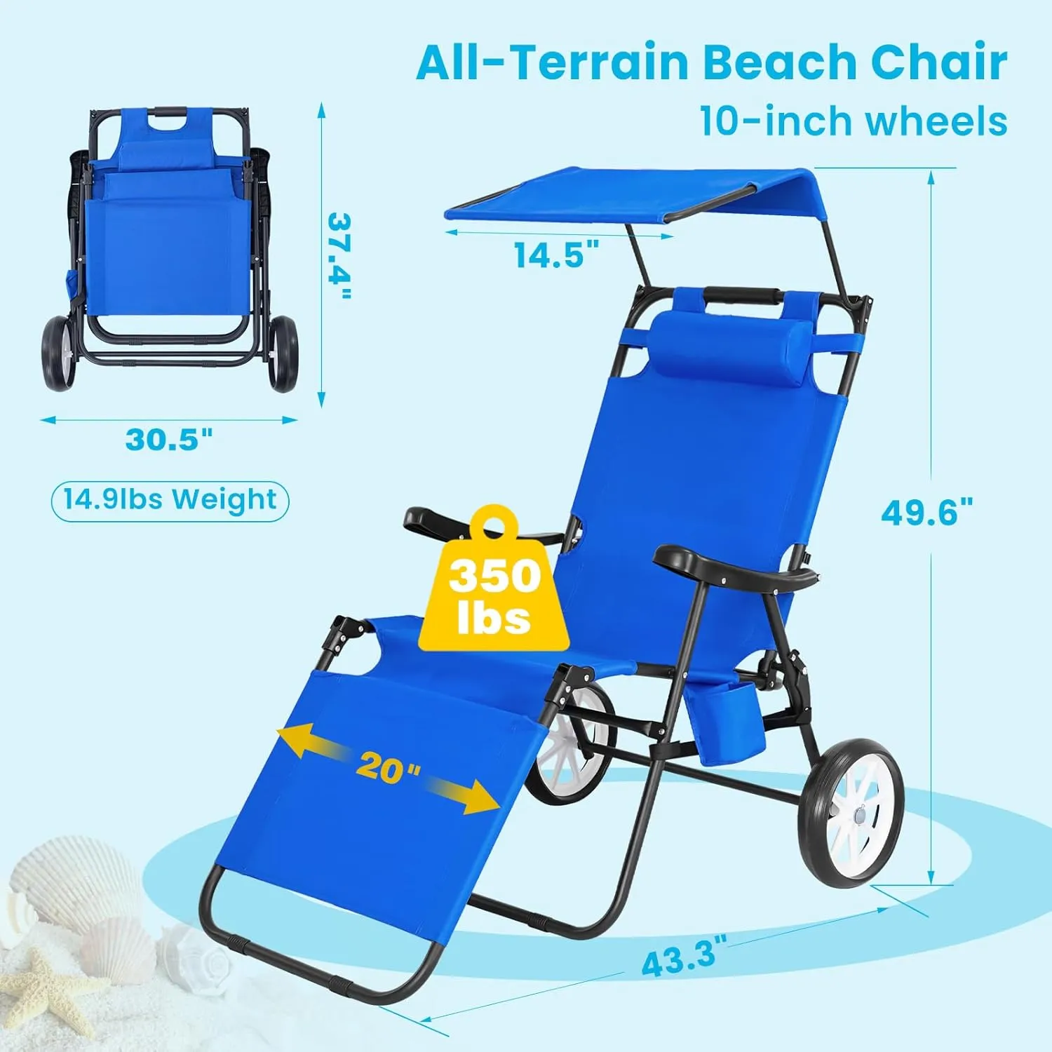 Slsy Beach Cart Chairs with Wheels, 2 in 1 Heavy Duty Beach Chair with Canopy Shade, Folding Lounge Chair with Integrated Wagon Pull Cart Combination, Perfect for Backyard, Pool or Picnic
