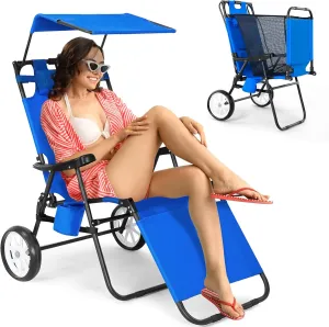 Slsy Beach Cart Chairs with Wheels, 2 in 1 Heavy Duty Beach Chair with Canopy Shade, Folding Lounge Chair with Integrated Wagon Pull Cart Combination, Perfect for Backyard, Pool or Picnic