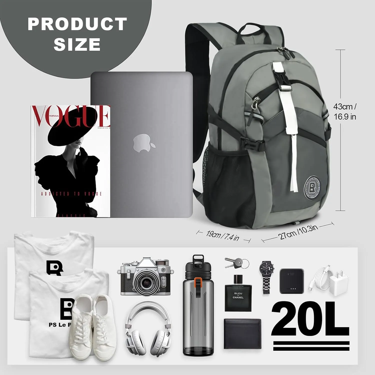 Small Hiking Backpack, 20L Lightweight Travel Backpack with Phone Pocket, Hiking Daypack for Women Men,Grey