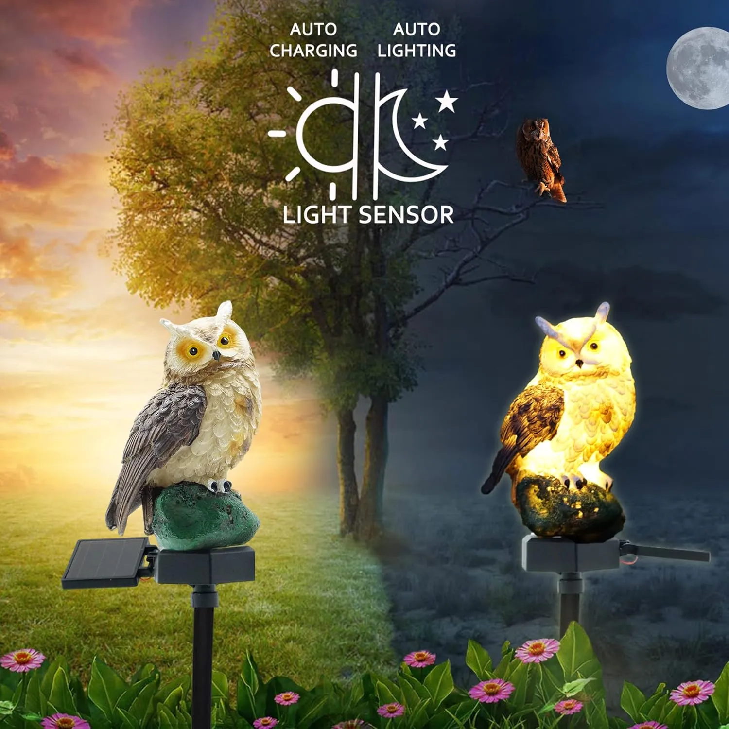 SmilingTown 2 Packs Owl Solar Garden Lights Outdoor Decorative Stake Light Waterproof Owl Decory to Scare Birds Away Yard Patio Lawn Ornaments Halloween Decorations
