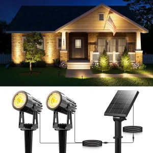 Solar Aluminum Landscape Spotlights 15.7ft Cable Outdoor Waterproof for Tree, Flag, Plant Pot, Wall, Bush, LED Flood Light Dusk to Dawn for Yard, House, Garden with Detached Panel (Warm White, 2-in-1)