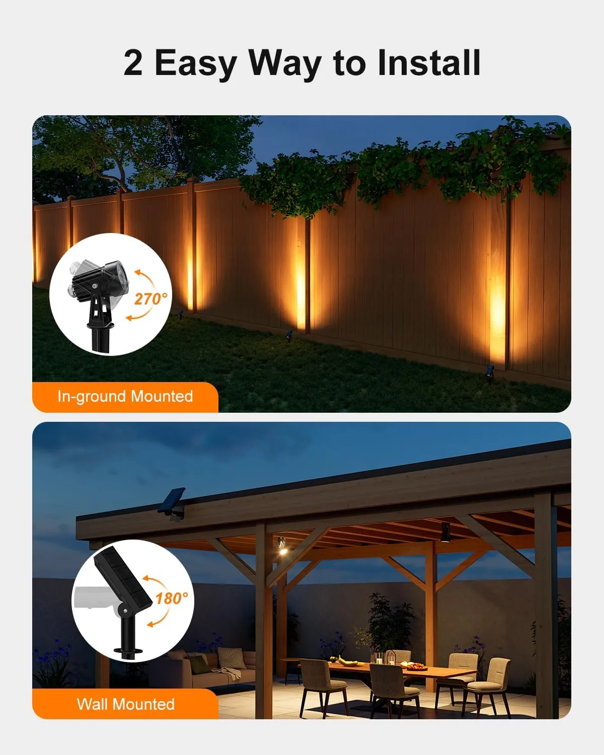 Solar Aluminum Landscape Spotlights 15.7ft Cable Outdoor Waterproof for Tree, Flag, Plant Pot, Wall, Bush, LED Flood Light Dusk to Dawn for Yard, House, Garden with Detached Panel (Warm White, 2-in-1)