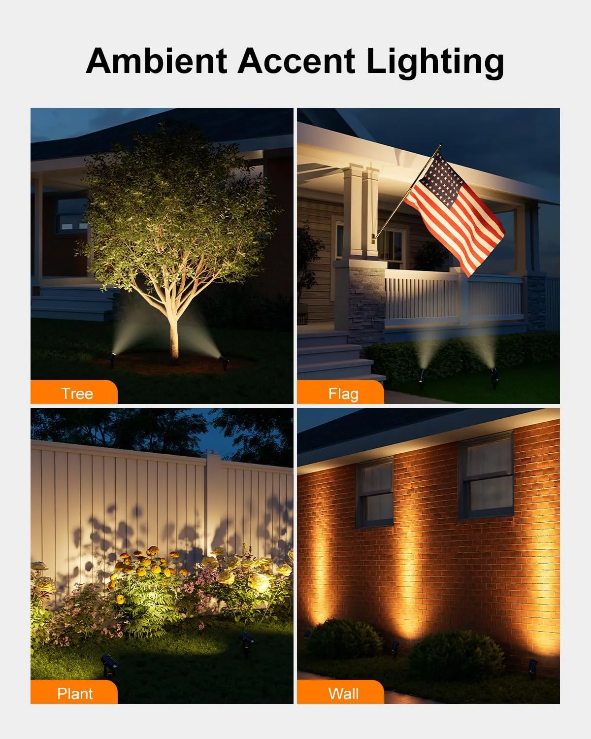 Solar Aluminum Landscape Spotlights 15.7ft Cable Outdoor Waterproof for Tree, Flag, Plant Pot, Wall, Bush, LED Flood Light Dusk to Dawn for Yard, House, Garden with Detached Panel (Warm White, 2-in-1)