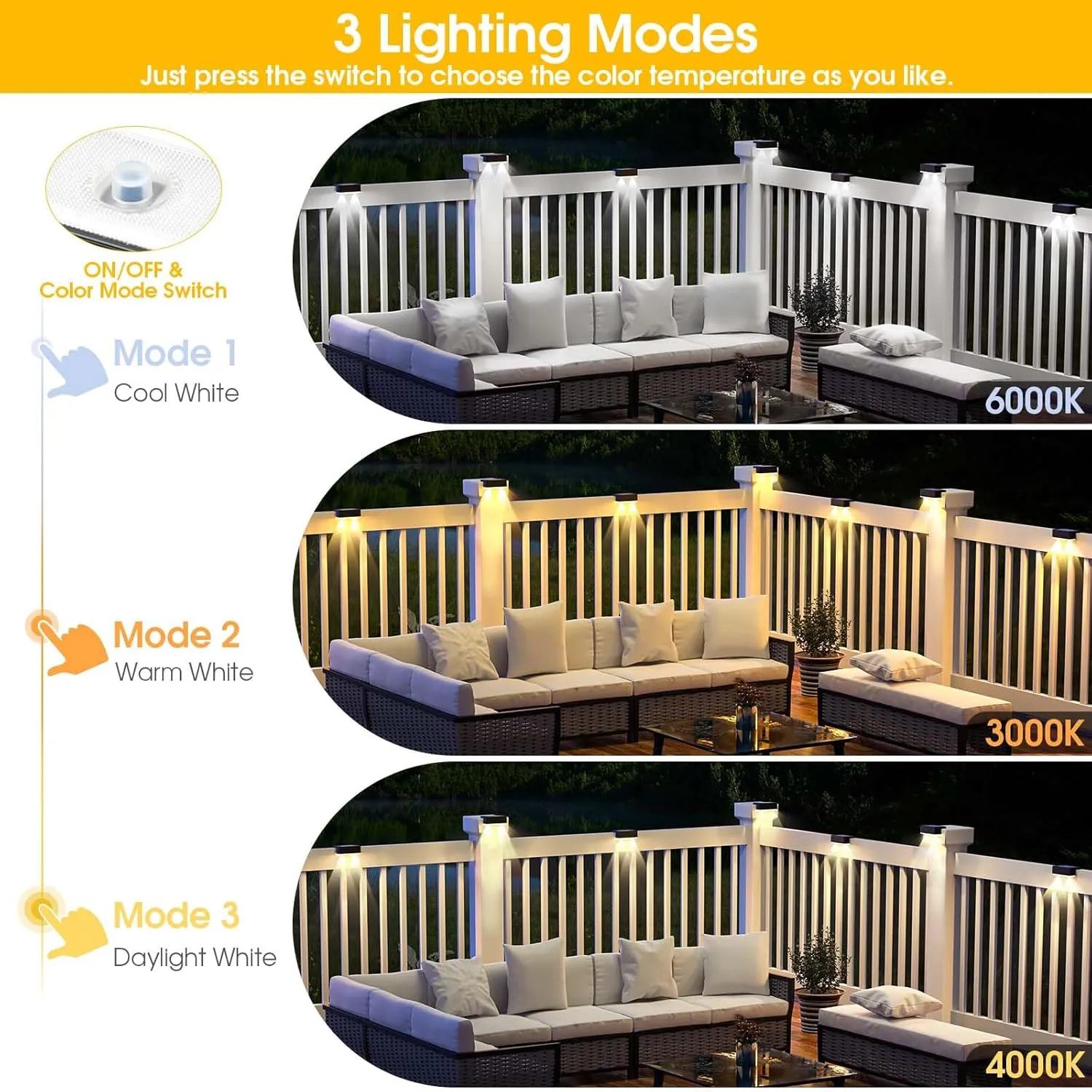 Solar Deck Light, 16 Packs LED Solar Step Lights Outdoor Waterproof, Solar-Powered Fence Lighting 3 Color Modes for Stairs Yard Garden Pathway