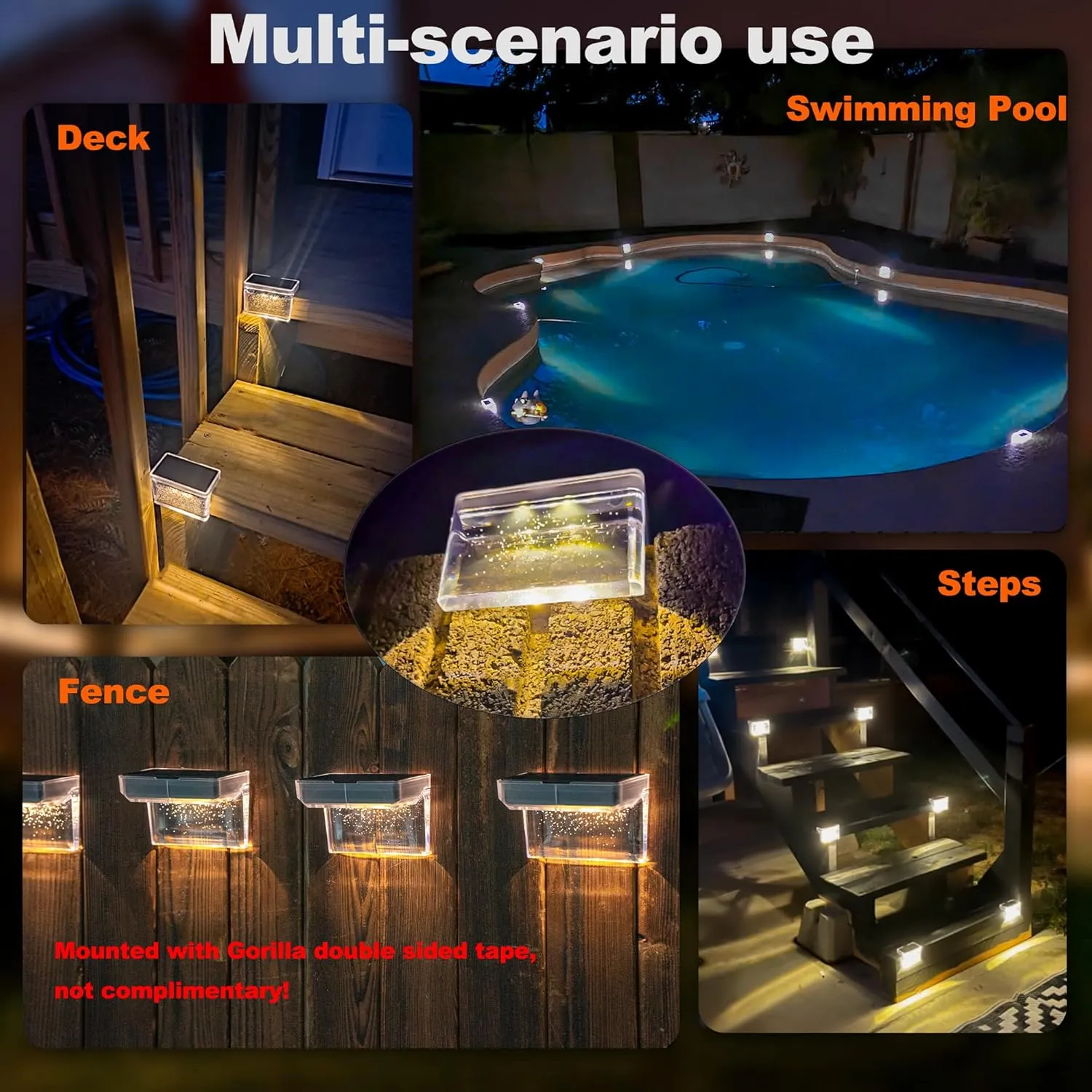 Solar Deck Lights Outdoor, Outdoor Lighting, Waterproof LED Fence Light. Waterproof Led Solar Lights for Outdoor Stairs, Step, Fence, Yard, Patio - 6 Pack