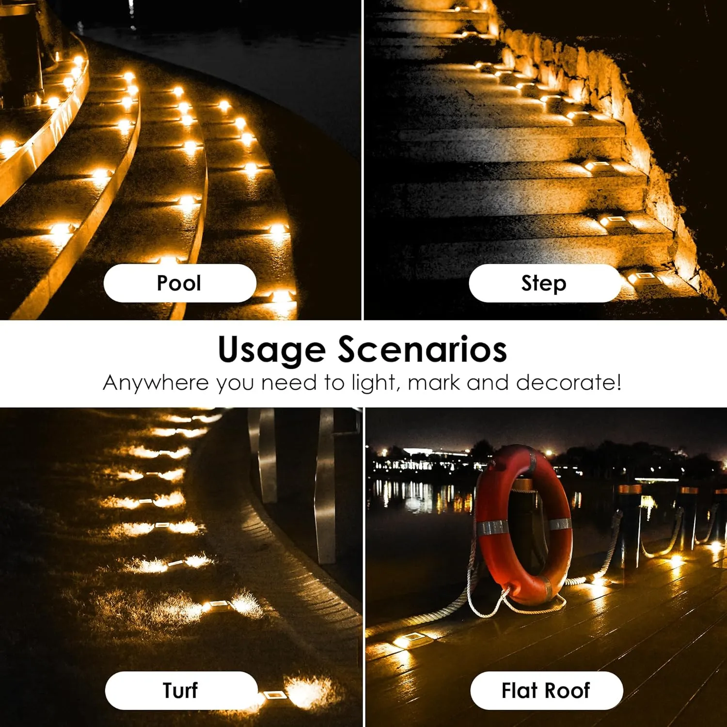 Solar Driveway Lights 12-Pack - 4 LED IP68 Waterproof Marine Solar Dock Lights | Solar Powered Safety Markers for Pathway/Sidewalk/Garden/Stair/Deck | Auto Dusk to Dawn (Yellow)