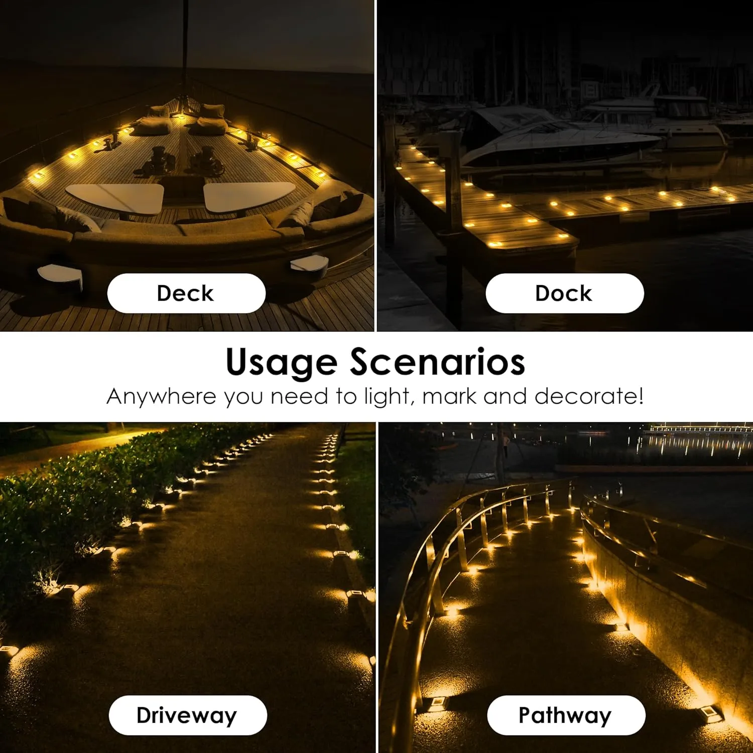 Solar Driveway Lights 12-Pack - 4 LED IP68 Waterproof Marine Solar Dock Lights | Solar Powered Safety Markers for Pathway/Sidewalk/Garden/Stair/Deck | Auto Dusk to Dawn (Yellow)