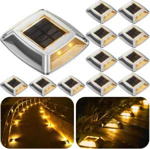 Solar Driveway Lights 12-Pack - 4 LED IP68 Waterproof Marine Solar Dock Lights | Solar Powered Safety Markers for Pathway/Sidewalk/Garden/Stair/Deck | Auto Dusk to Dawn (Yellow)