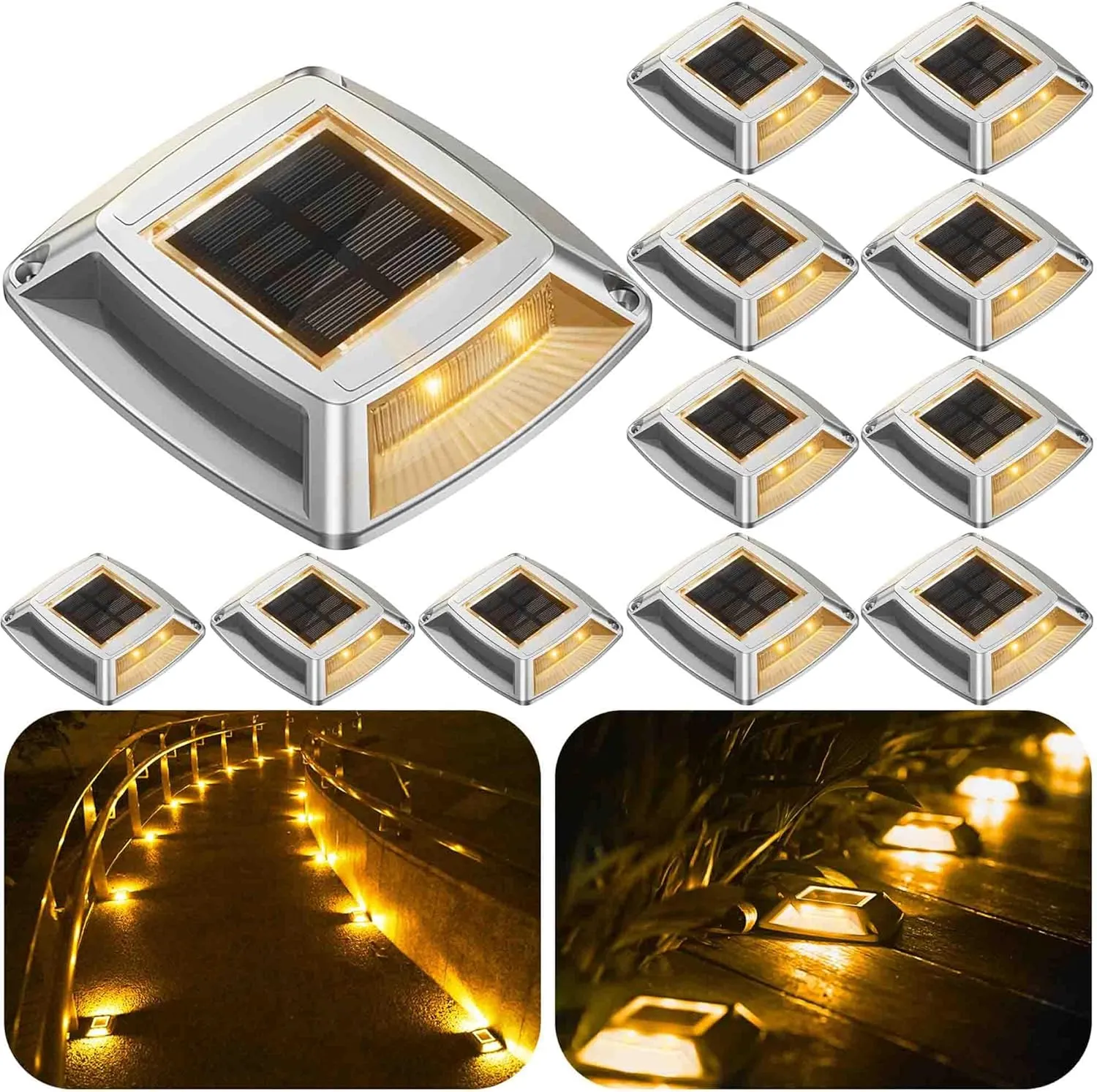 Solar Driveway Lights 12-Pack - 4 LED IP68 Waterproof Marine Solar Dock Lights | Solar Powered Safety Markers for Pathway/Sidewalk/Garden/Stair/Deck | Auto Dusk to Dawn (Yellow)