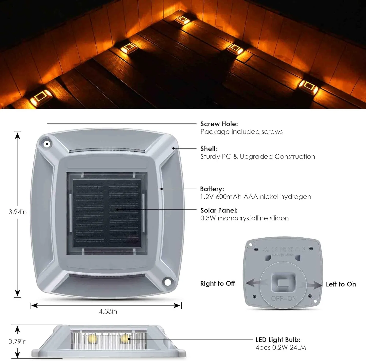 Solar Driveway Lights 12-Pack - 4 LED IP68 Waterproof Marine Solar Dock Lights | Solar Powered Safety Markers for Pathway/Sidewalk/Garden/Stair/Deck | Auto Dusk to Dawn (Yellow)