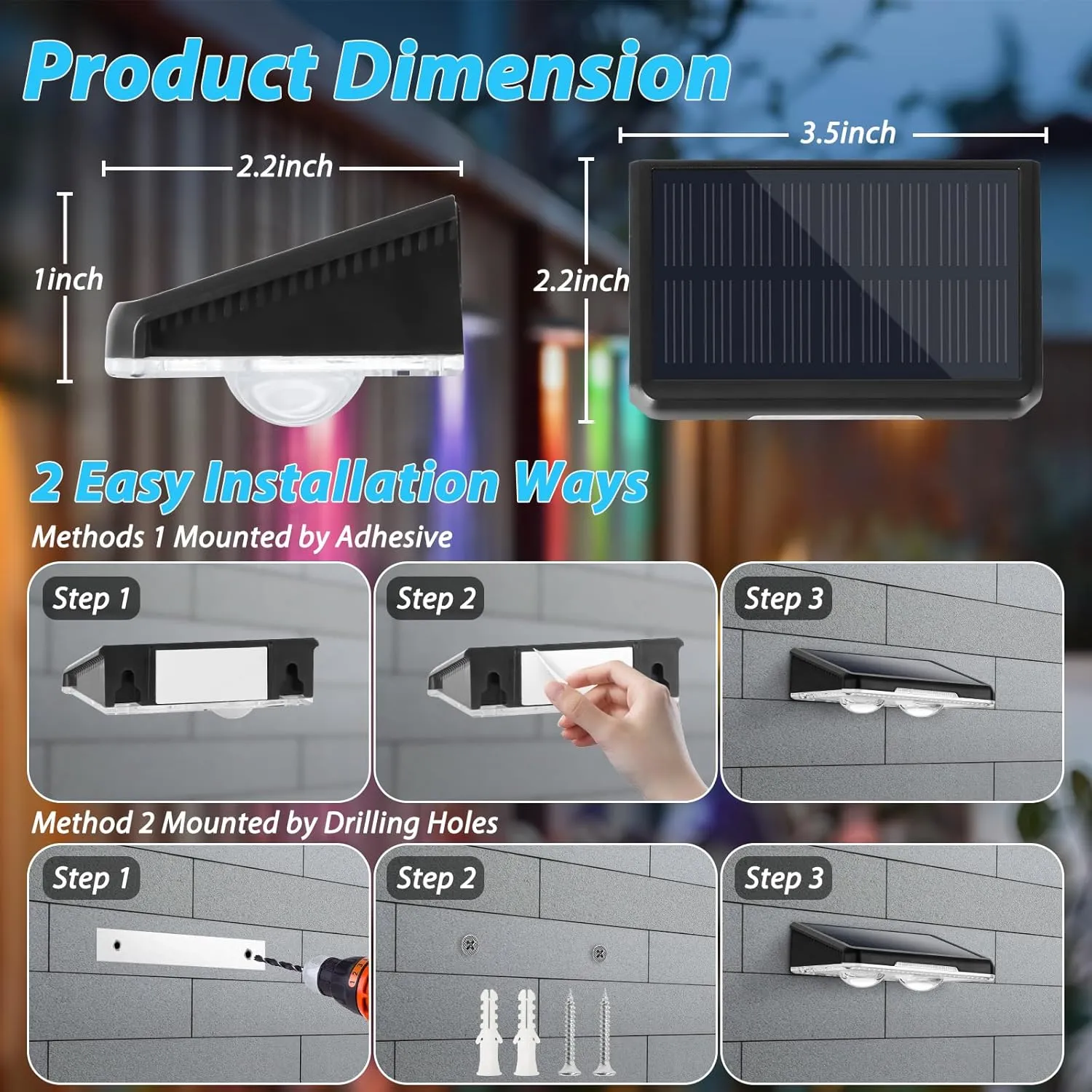 Solar Fence Lights Outdoor 12-Pack, Waterproof Solar Powered Deck Light with Warm White & 6 RGB Colors & 2 Lighting Modes, LED Solar Step Stairs Light for Deck, Fence, Outside, Patio, Garden, Backyard