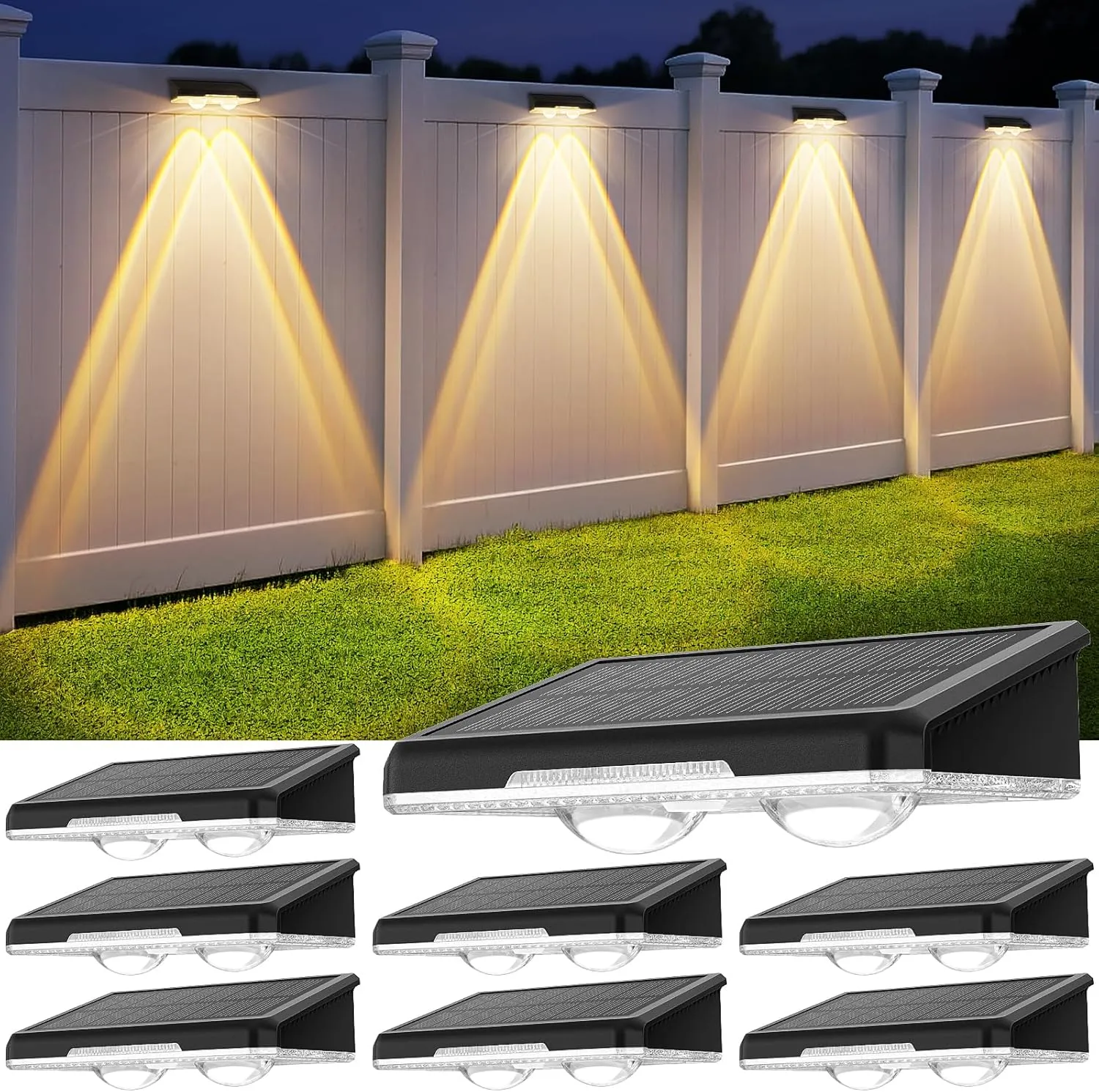Solar Fence Lights Outdoor 8 Pack - 3 Modes (Warm/Neutral/Cool White), Fence Lights Solar Powered for Outside, IP65 Waterproof, Auto ON/Off Deck Lighting for Wall, Step, Patio, Pathway, Stairs