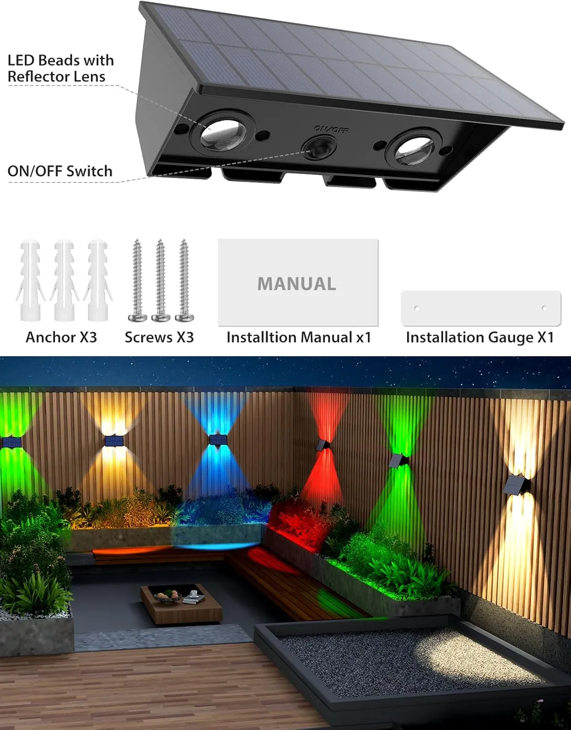 Solar Fence Lights,6 Pack Solar Lights Outdoor Warm White RGB Up & Down Waterproof 100 Lumens Dusk to Dawn for Wall/Backyard/Pool/Railing/Patio/Porch/Step
