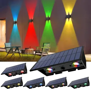 Solar Fence Lights,6 Pack Solar Lights Outdoor Warm White RGB Up & Down Waterproof 100 Lumens Dusk to Dawn for Wall/Backyard/Pool/Railing/Patio/Porch/Step