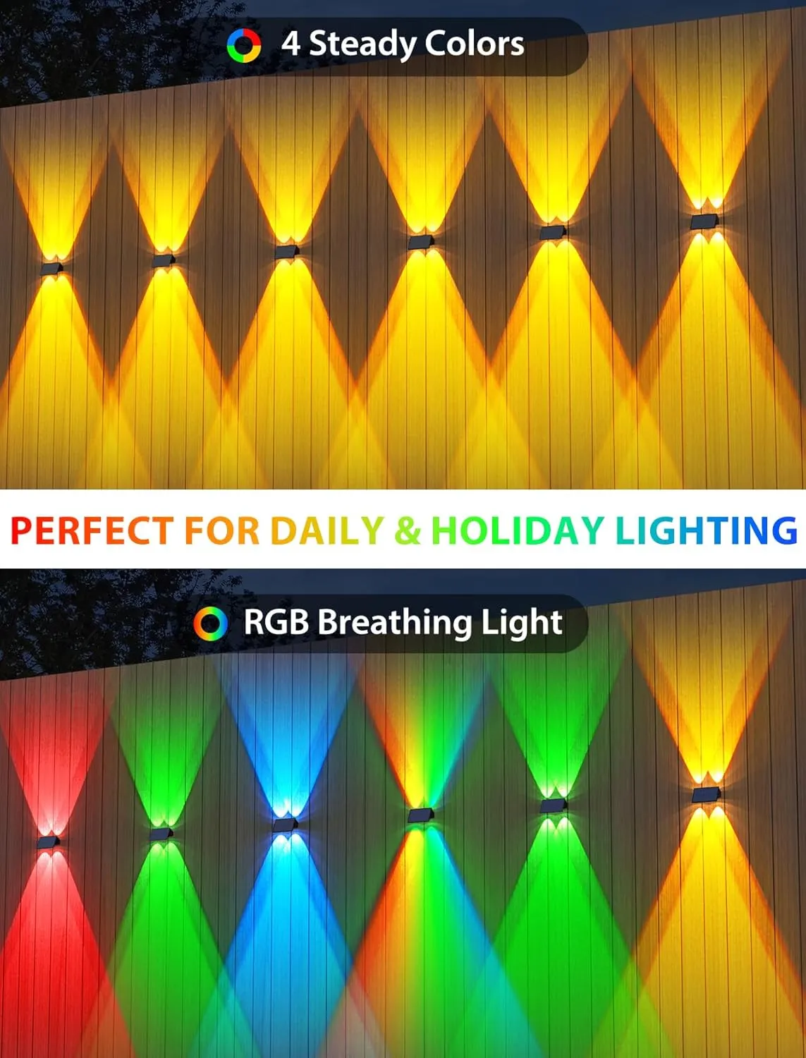 Solar Fence Lights,6 Pack Solar Lights Outdoor Warm White RGB Up & Down Waterproof 100 Lumens Dusk to Dawn for Wall/Backyard/Pool/Railing/Patio/Porch/Step