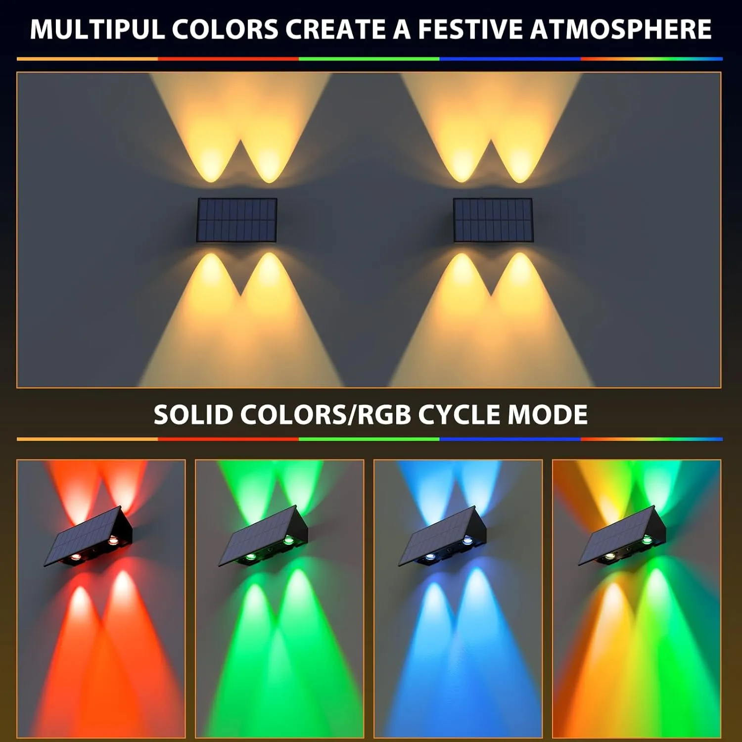 Solar Fence Lights,6 Pack Solar Lights Outdoor Warm White RGB Up & Down Waterproof 100 Lumens Dusk to Dawn for Wall/Backyard/Pool/Railing/Patio/Porch/Step