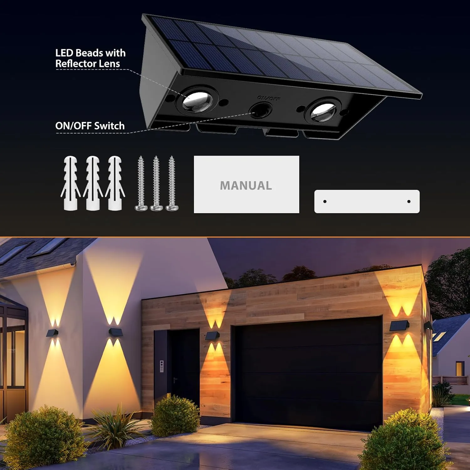 Solar Fence Lights,6Pack Solar Lights Outdoor Warm White   RGB Up & Down Waterproof 100 Lumens Dusk to Dawn for Wall/Backyard/Pool/Railing/Patio/Porch/Step